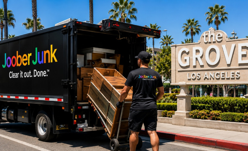 Joober Junk truck hauling reusable furniture for donation and recycling in Beverly Grove Los Angeles.