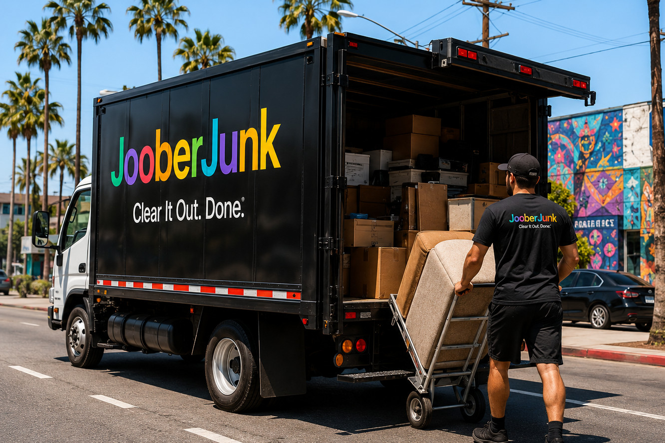 Joober Junk truck handling donation and recycling pickup near Fairfax District in Los Angeles.