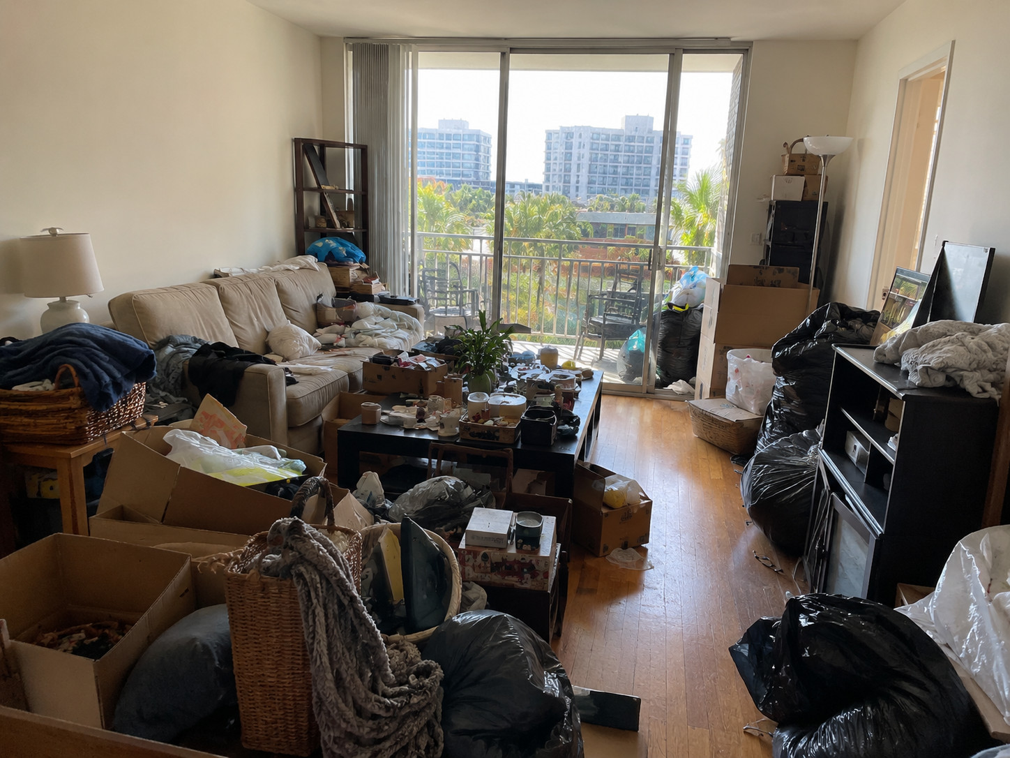 Cluttered Mid-Wilshire apartment living room before professional junk removal and cleanout service