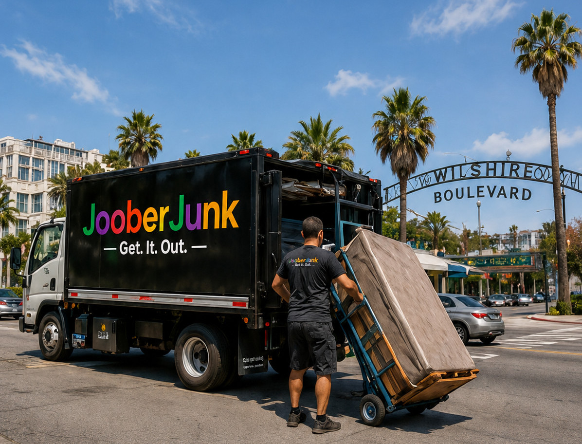 Joober Junk Removal truck with crew loading a mattress near Wilshire Boulevard in Mid-Wilshire Los Angeles.