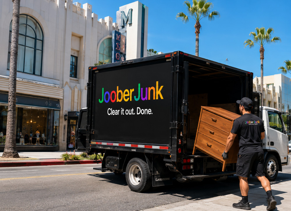 Joober Junk truck hauling reusable furniture for donation and recycling in Miracle Mile Los Angeles.