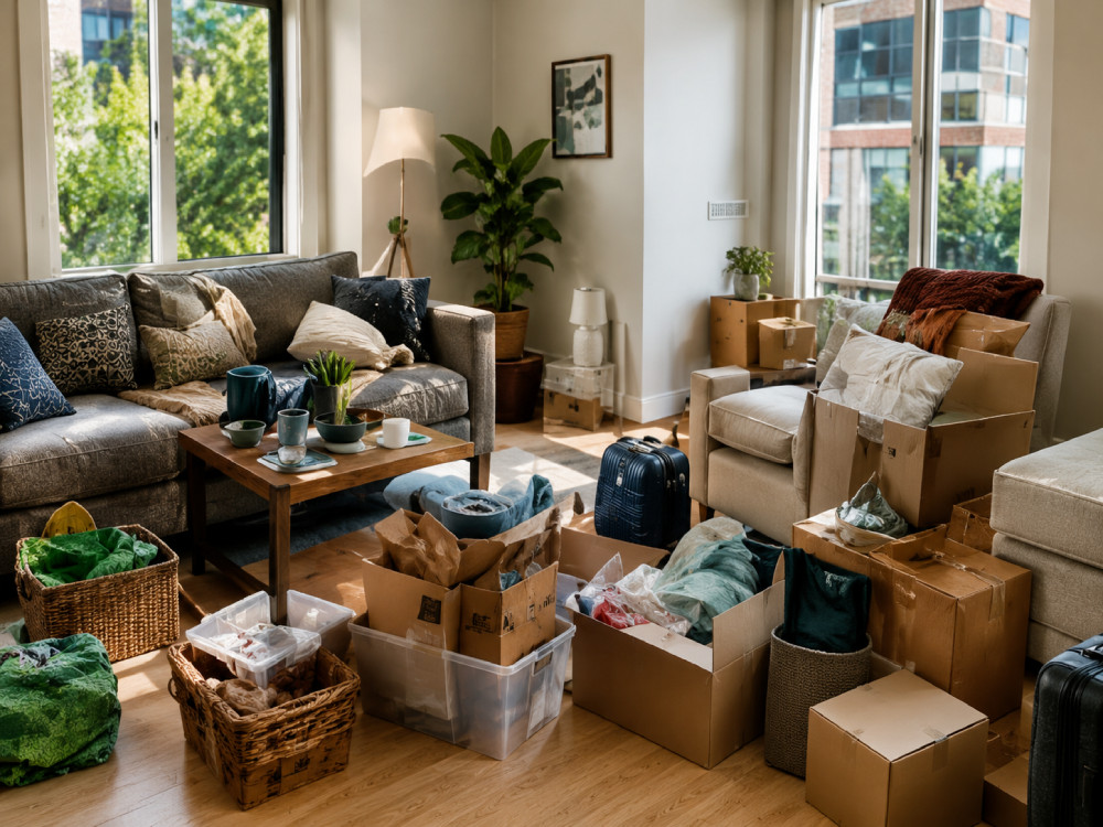 Cluttered Mid-Wilshire apartment living room before professional junk removal and cleanout service