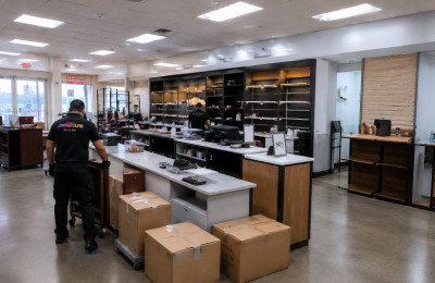 JooberJunk crew clearing unwanted furniture, fixtures, and boxes from a retail store in Los Angeles