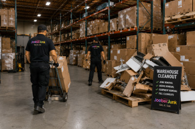 JooberJunk crew removing boxes and unwanted items during a warehouse cleanout in Los Angeles
