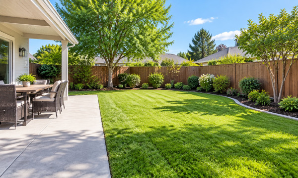Clean backyard after yard waste removal with freshly mowed lawn, landscaped garden beds, and tidy outdoor space