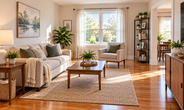 Bright, clean living room after a downsizing cleanout with spacious seating, wood floors, and organized décor