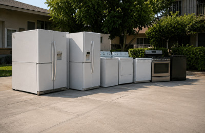 Multiple household appliances ready for removal from an apartment property in Los Angeles