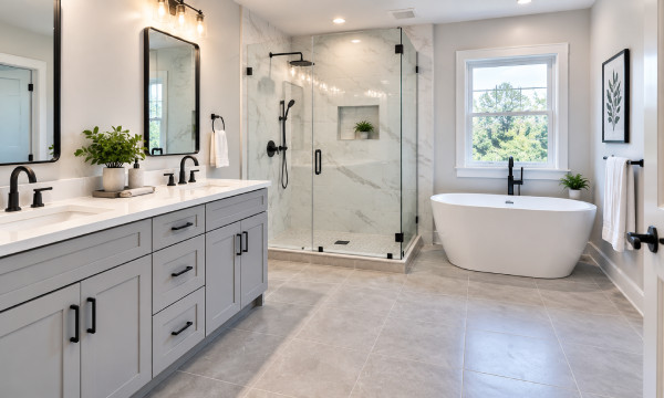Clean modern bathroom after remodel cleanup with finished fixtures, clear floors, and no construction debris