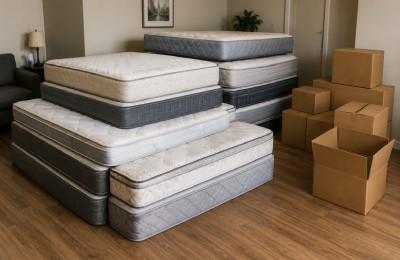 Bulk mattress removal with multiple mattresses stacked in a room