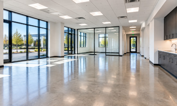 Clean commercial office space after construction cleanup with polished floors, glass partitions, and finished interior
