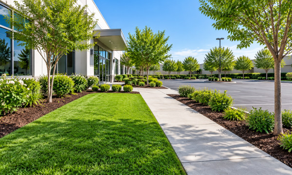 Clean commercial property landscape after yard waste removal with trimmed trees, fresh lawn, and maintained garden beds