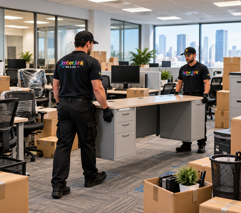 Professional crew removing office furniture and equipment during a commercial office cleanout