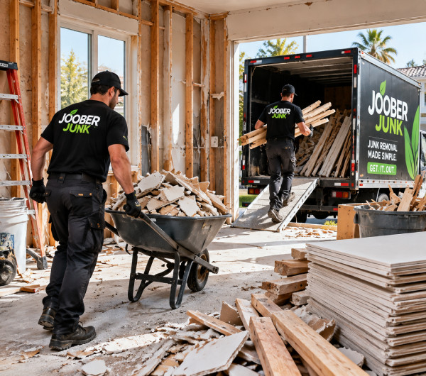 Professional crew removing lumber and drywall debris during a construction renovation cleanout