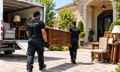 Estate furniture removal service with workers carrying a wooden dresser