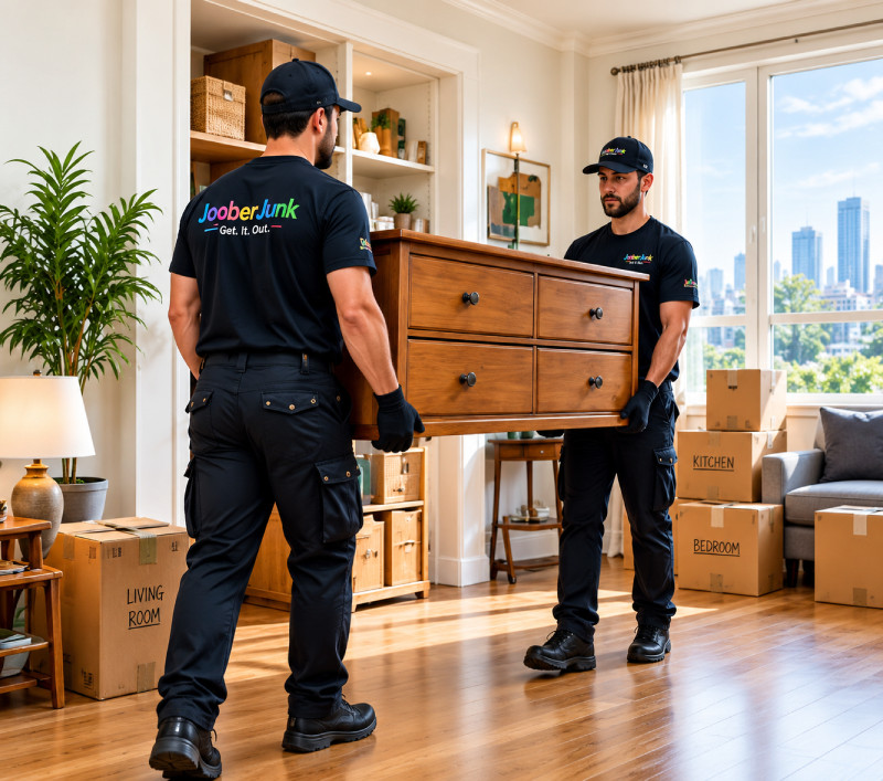 Professional movers removing a dresser from an estate home