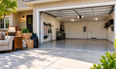 Home and garage cleanout with unwanted furniture and household items cleared from a residential property