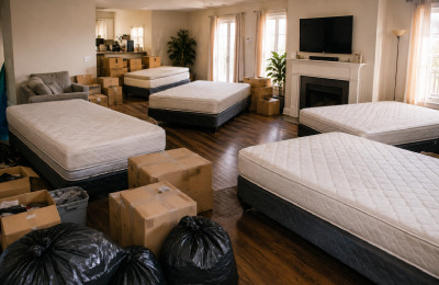 Multiple mattresses and household items cleared during a full home mattress cleanout in Los Angeles