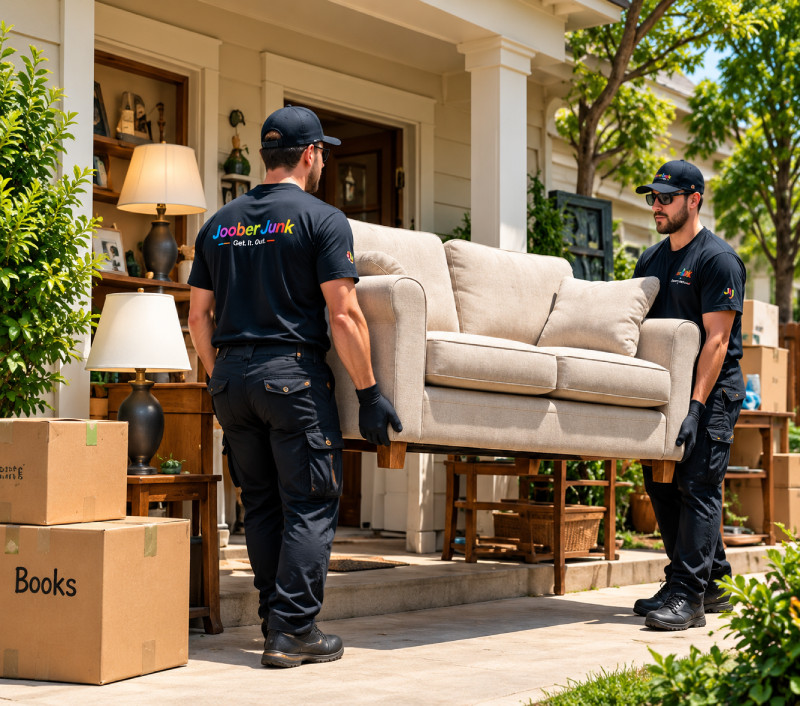 Professional furniture removal team carrying a sofa from a home
