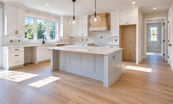 Clean modern kitchen after renovation cleanup with cleared floors, cabinets, island, and finished workspace