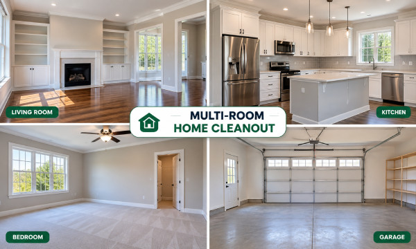 Multi-room home cleanout showing cleared living room kitchen bedroom and garage