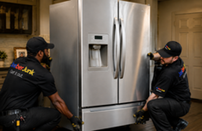 JooberJunk crew removing a refrigerator from a residential kitchen in Los Angeles