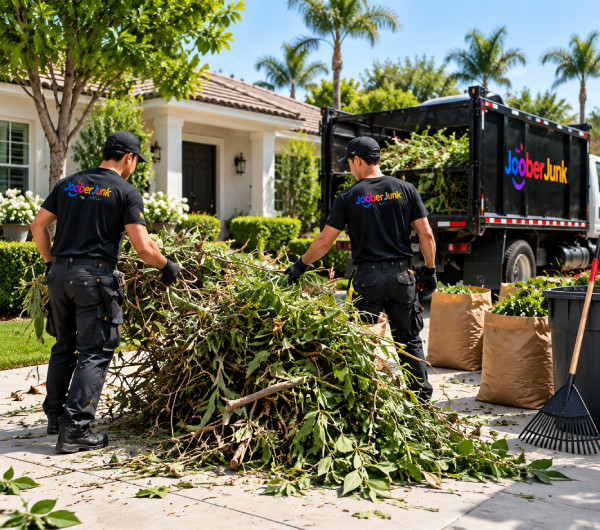Professional yard cleanup crew removing tree branches and landscaping debris from a residential property