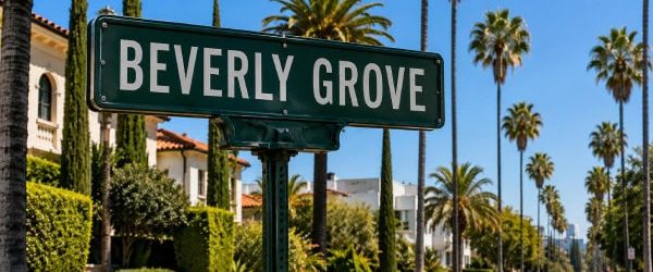 Beverly Grove neighborhood sign with palm-lined street for Joober Junk Removal service area in Central Los Angeles