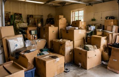 Home cleanout scene with packed boxes and household clutter ready for removal in Fairfax.