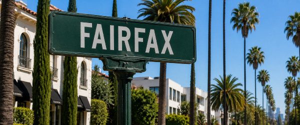 Fairfax service area sign with palm trees for Joober Junk Removal in Central Los Angeles.
