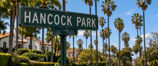 Hancock Park neighborhood sign with palm trees for Joober Junk Removal service area in Central Los Angeles