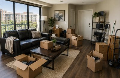 Apartment cleanout with packed boxes and furniture ready for Joober Junk Removal in Mid-Wilshire.