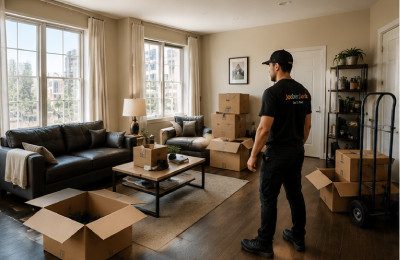 Apartment cleanout with packed boxes and furniture ready for Joober Junk Removal in Mid-Wilshire.