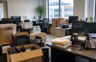 Office declutter with desks, boxes, and old equipment ready for Joober Junk Removal in Mid-Wilshire.