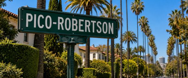 Pico-Robertson street sign with palm trees for Joober Junk Removal service area in Los Angeles.