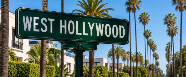 West Hollywood service area sign with palm trees for Joober Junk Removal in Los Angeles.