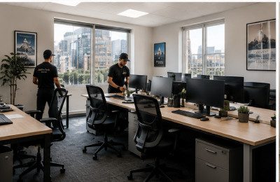 Office declutter with desks chairs and equipment ready for Joober Junk Removal in West Hollywood.
